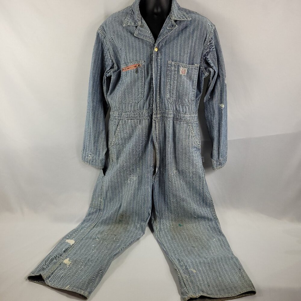Rail Chief Vintage 1950s Pinstripe Overalls Denim Blue Work Coveralls DISTRESSED